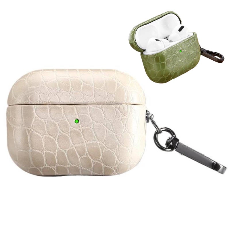 Handmade Leather Case -for Airpods pro3 Pu Case Cover,Crocodile/alligator Skin Lizard Skin Luxury Texture,Drop Protection Soft Shell Cover With Keychain,for Airpods pro3rd Generation Earbuds (White) - Image 1